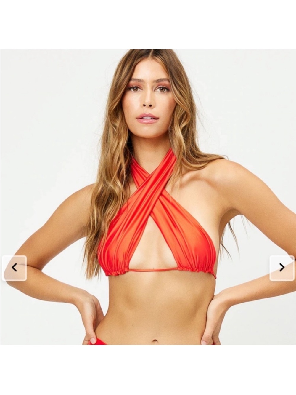 NWT Frankie’s Bikinis Bash Red Satin Twist Wrap Halter Bikini Top Medium New
